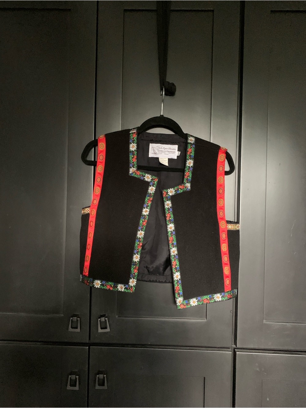 Embroidered Black Wool Vest with Red Trim